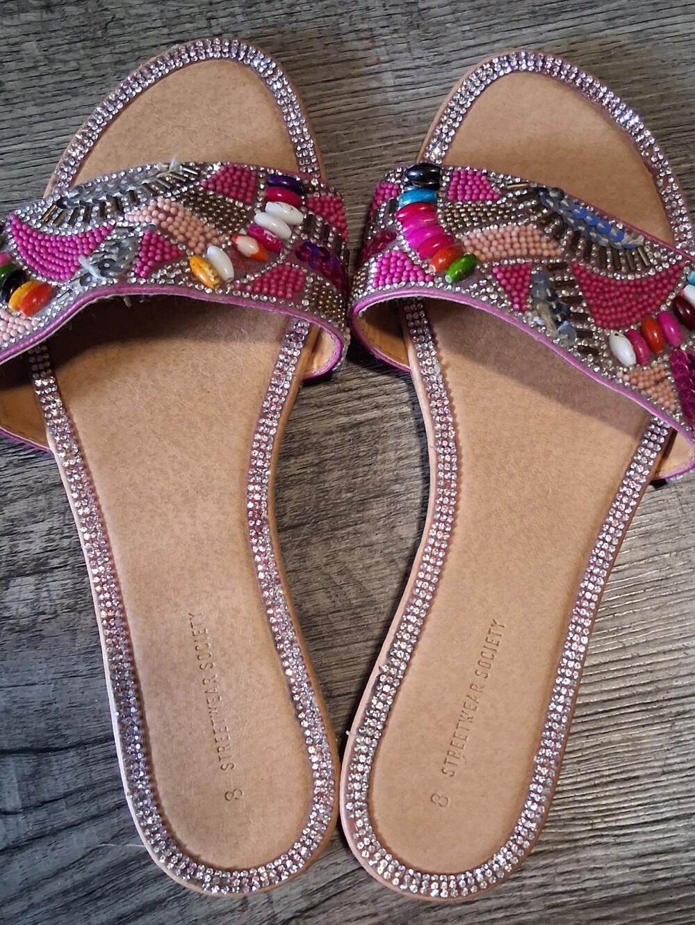 Streetwear Society Pink Beaded Crystal-Trim Slide Sandals